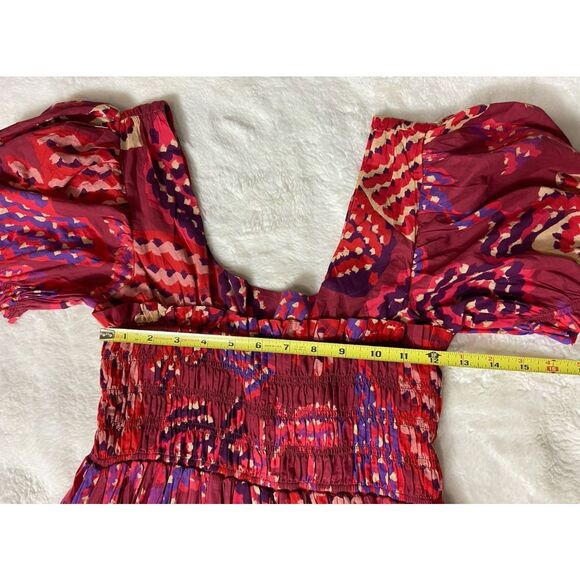 Farm Rio Anthropologie  Puff-Sleeve Smocked Maxi Dress Red Multi Small - Picture 5 of 11